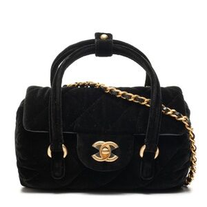 CHANEL 2022-2025 Velour Chain Mini Boston Shoulder Bag in Black